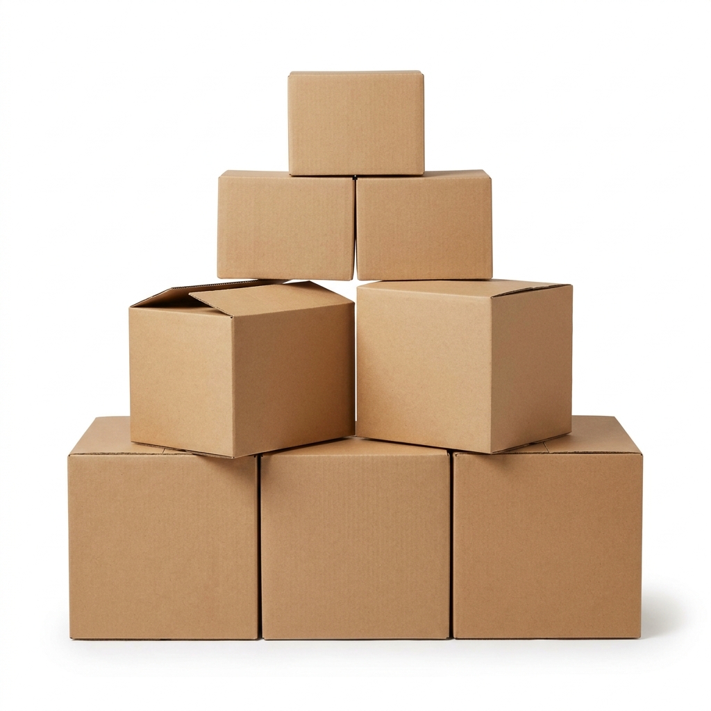 Open kraft corrugated shipping boxes in several sizes