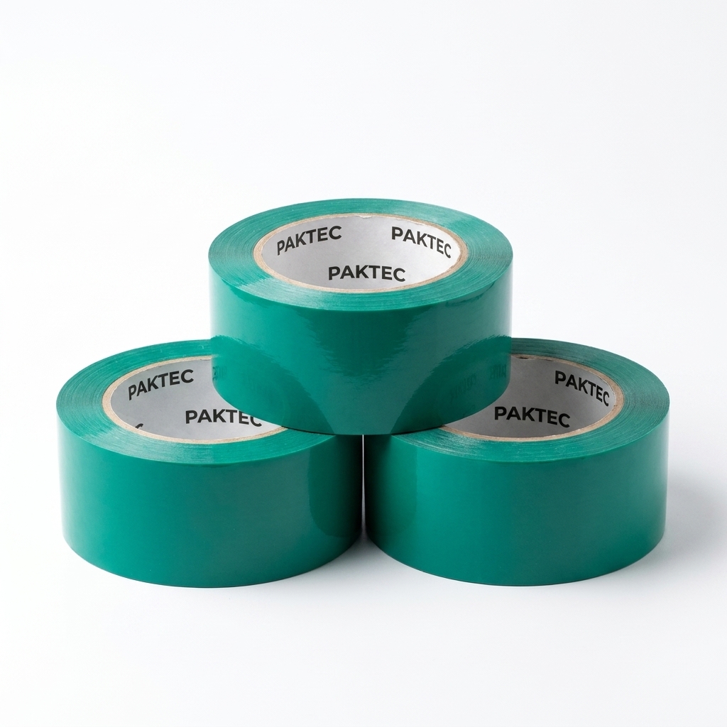 Stacked rolls of Paktec green carton sealing tape