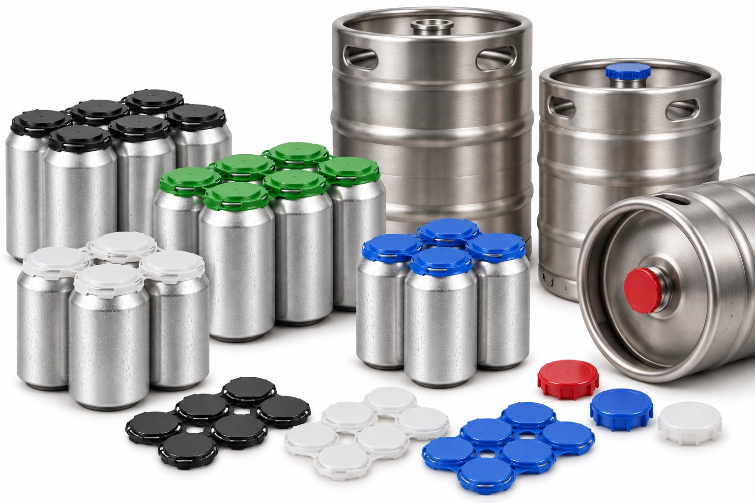 Aluminum beverage cans in can carriers beside stainless steel kegs and keg caps