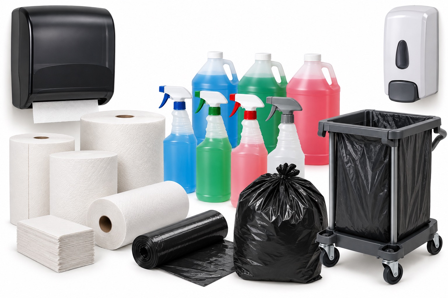Paper towel rolls and dispensers, cleaners, garbage bags and a janitor cart