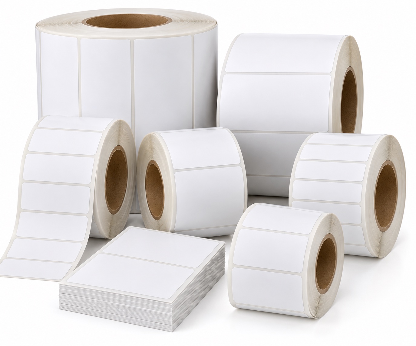 Rolls of blank white thermal labels and a stack of label sheets