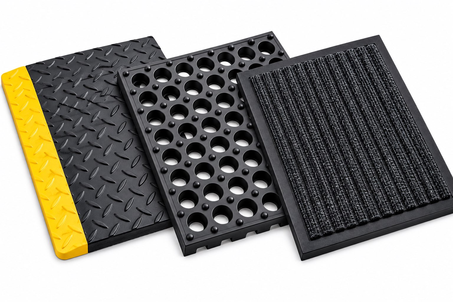 Anti-fatigue, drainage and entrance mats side by side