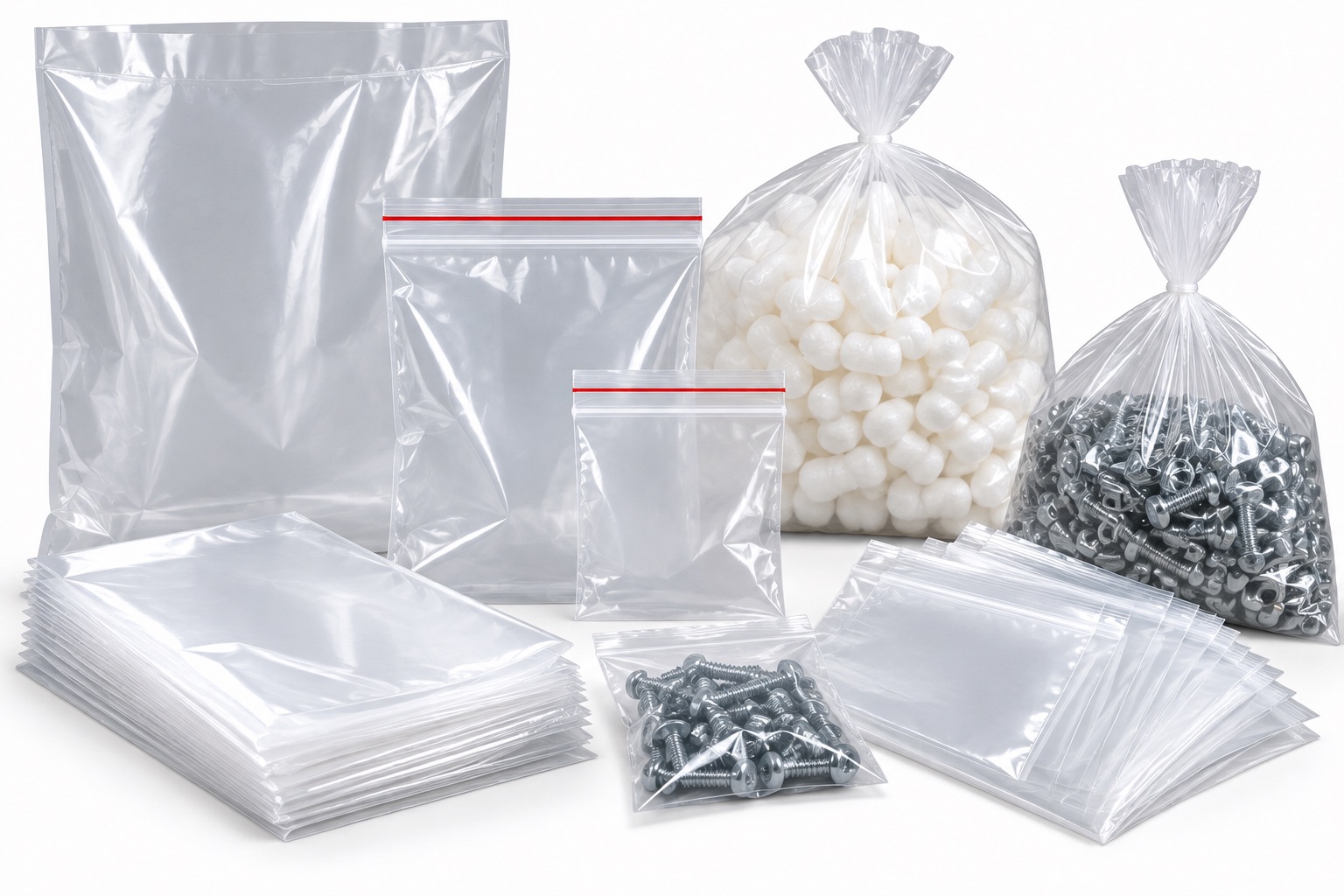 Clear poly bags and ziplock bags in several sizes