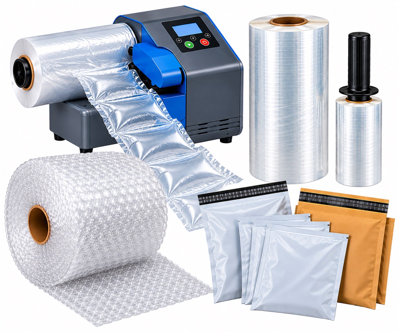 An air pillow machine, bubble roll, stretch film rolls and white poly and kraft mailers