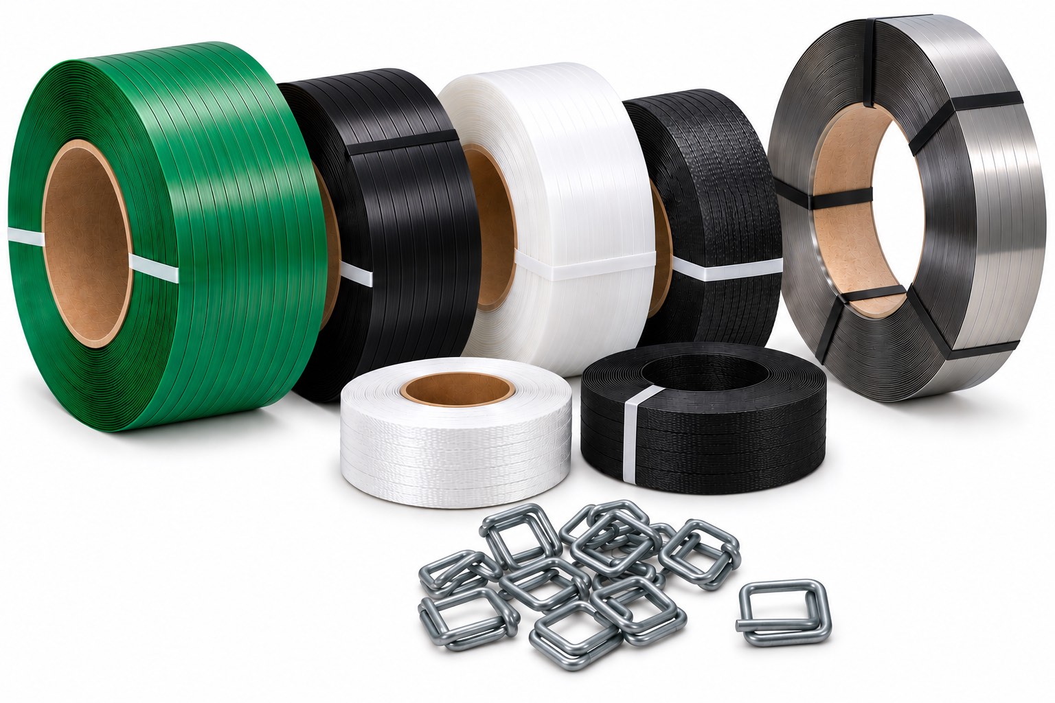 Rolls of polyester, polypropylene and steel strapping with wire buckles