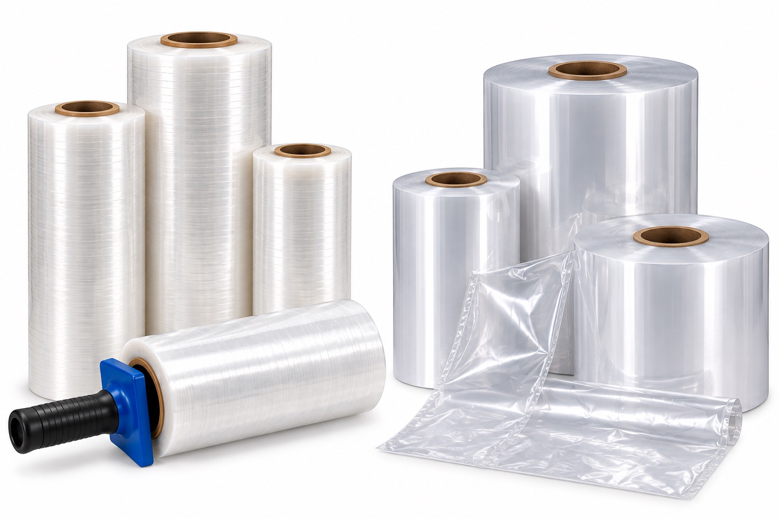 Rolls of machine and hand stretch film beside clear shrink film rolls