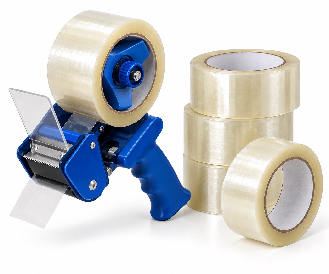 A tape gun loaded with clear carton sealing tape beside stacked tape rolls