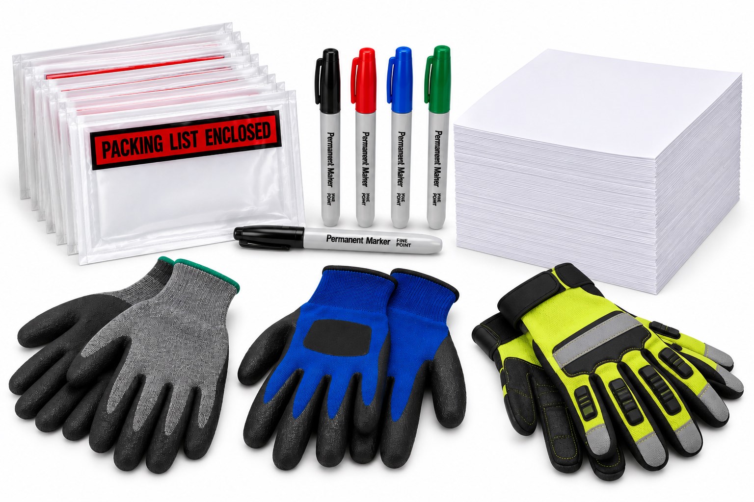 Packing list envelopes, permanent markers, packing paper and work gloves