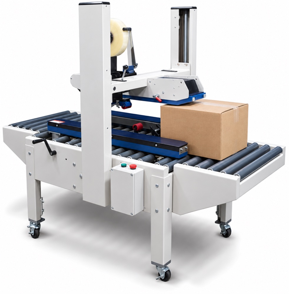Semi-automatic case sealer with roller conveyors and a carton at the tape head