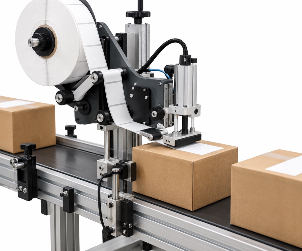 Inline label applicator placing labels on cartons on a conveyor