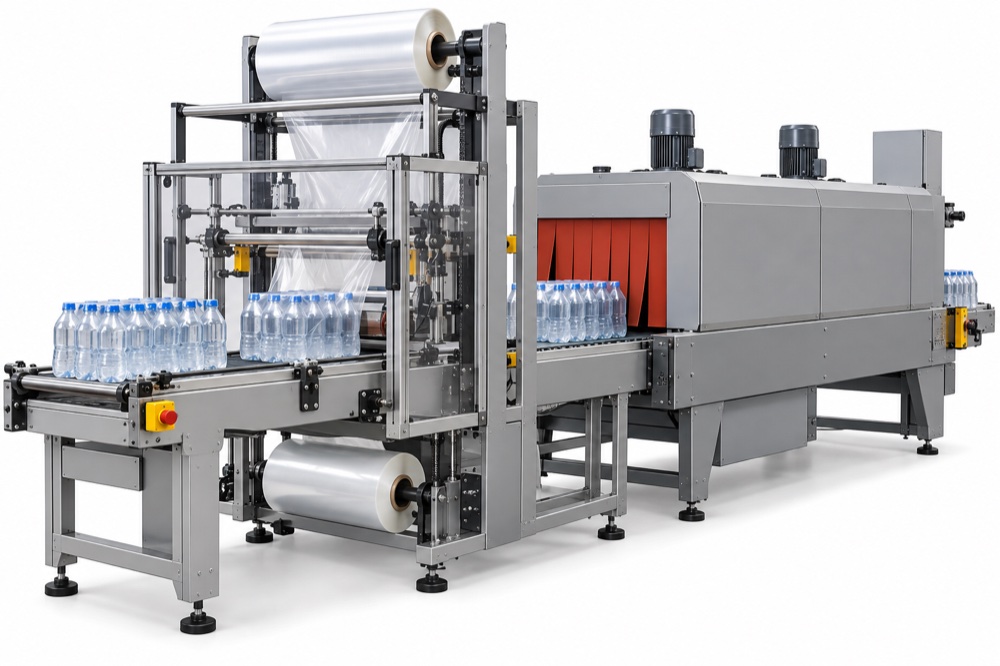 Shrink bundler and heat tunnel bundling cases of bottled water