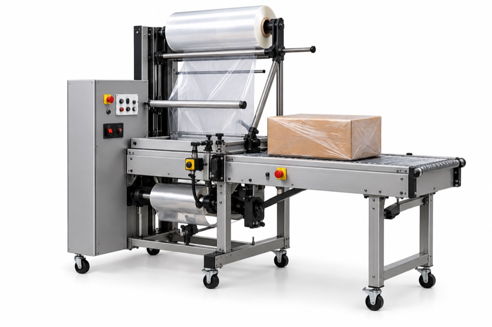 L-bar shrink wrapping system with a film roll and outfeed conveyor