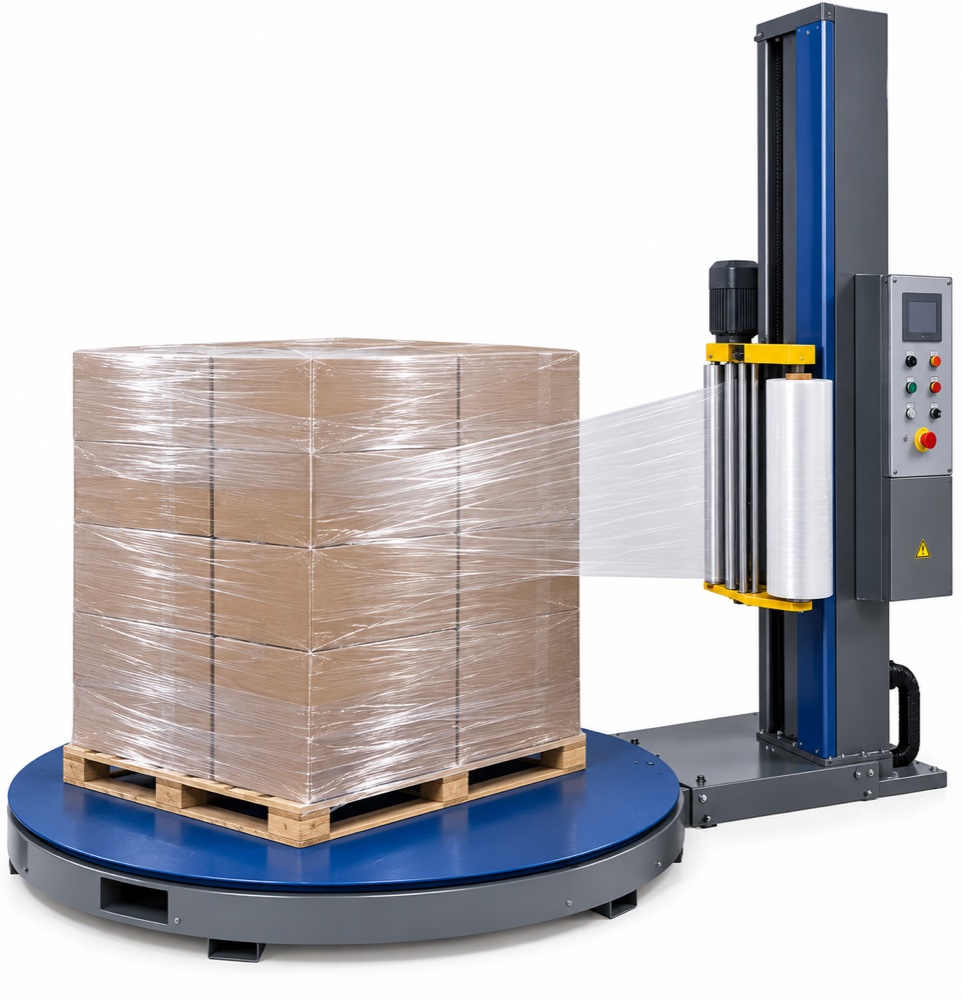 Turntable stretch wrapper wrapping a pallet of cartons in clear film