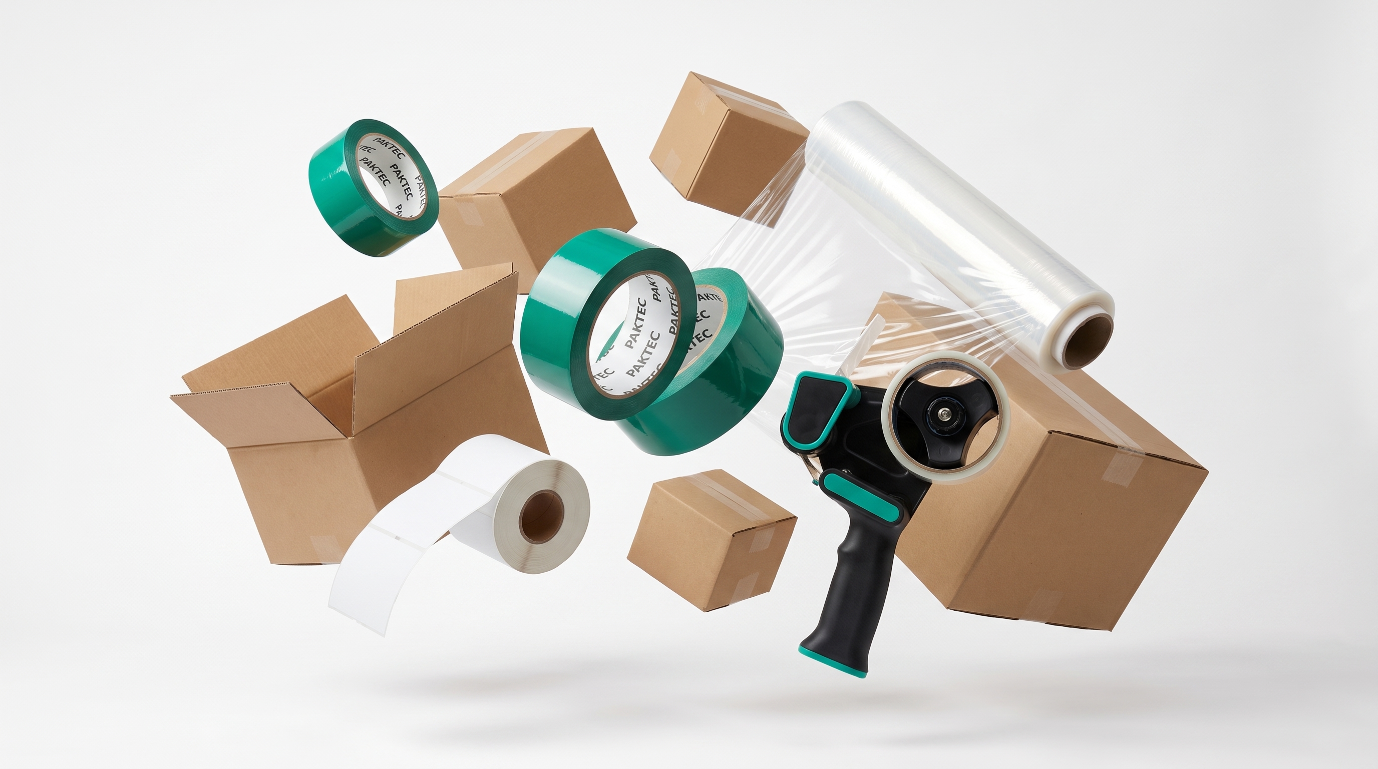 Paktec carton sealing tape, corrugated boxes, stretch wrap, labels and a tape dispenser floating against a white studio backdrop