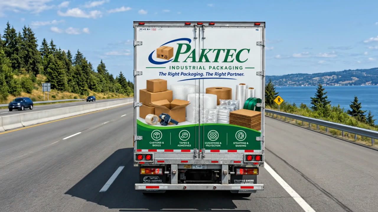 A Paktec delivery truck on the highway, its trailer printed with boxes, tape and stretch wrap