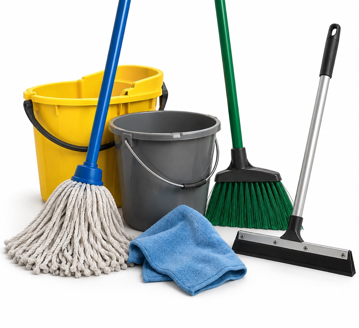 Mops, brooms, buckets, cloths and squeegees