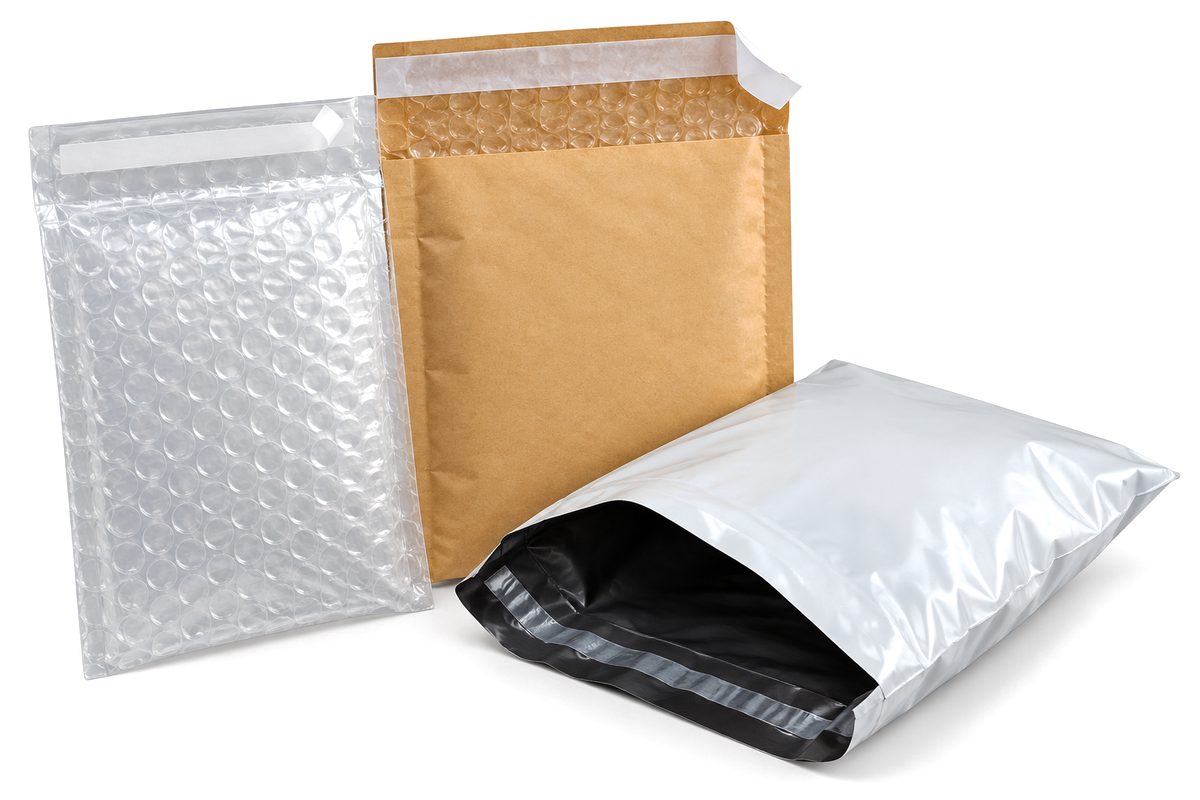 Clear poly bubble mailer, kraft bubble mailer and white poly mailer bag with a bubble liner