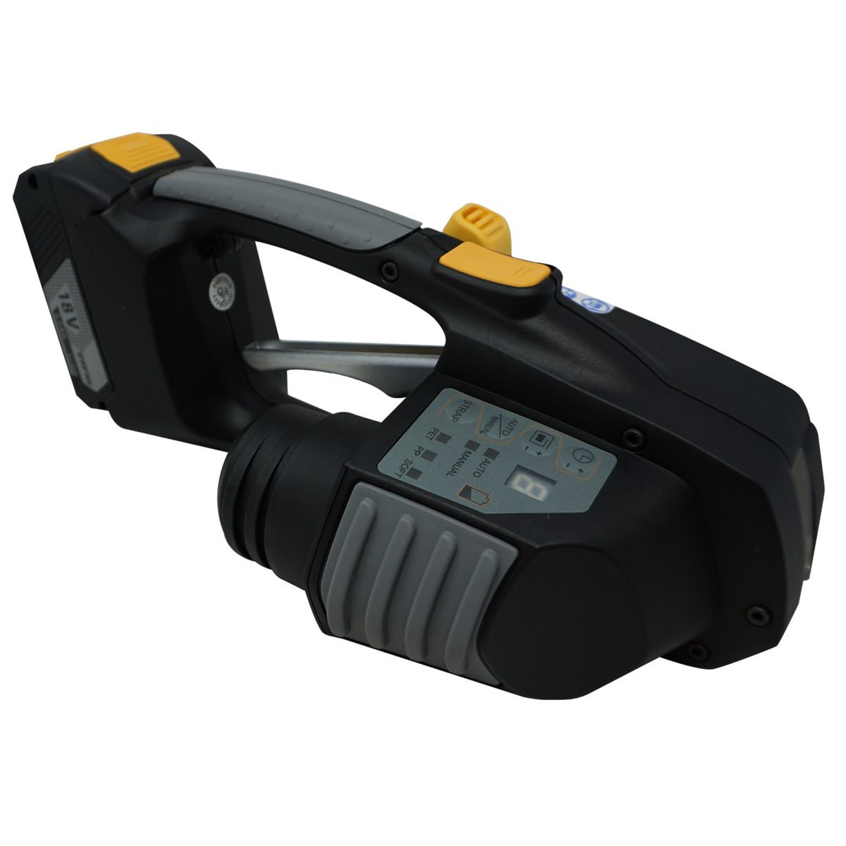 Black and yellow battery powered plastic strapping tool