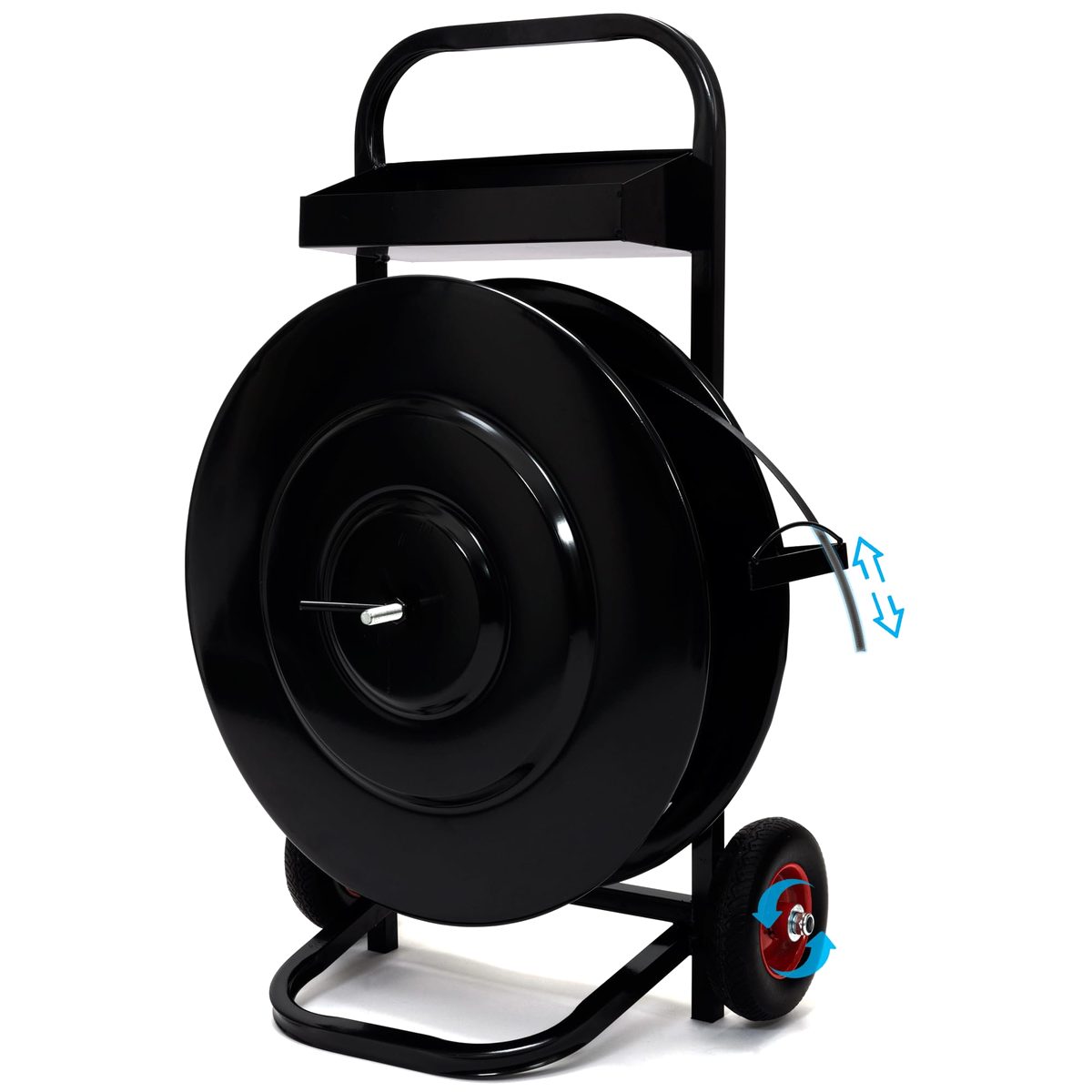 Black steel strapping cart with a coil holder, tool tray and two wheels