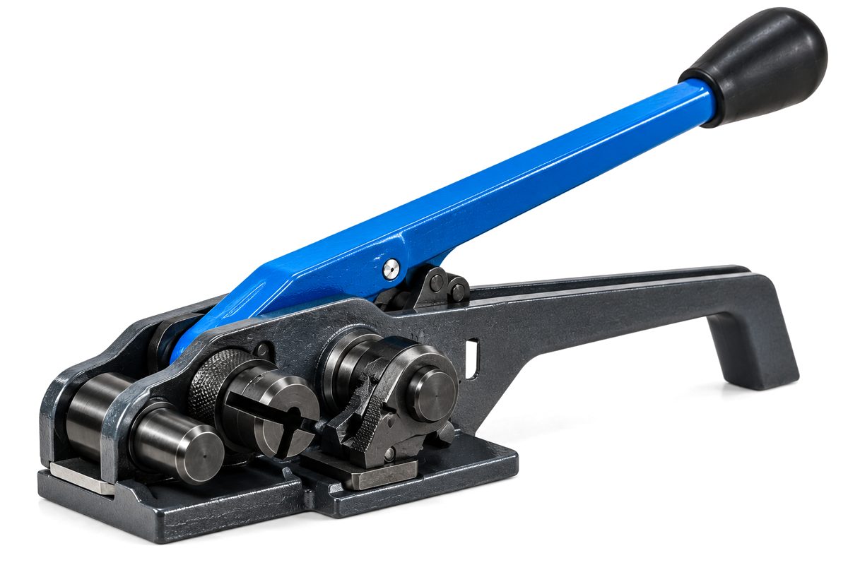 Manual steel strapping tensioner with a blue lever, black grip and dark grey windlass body