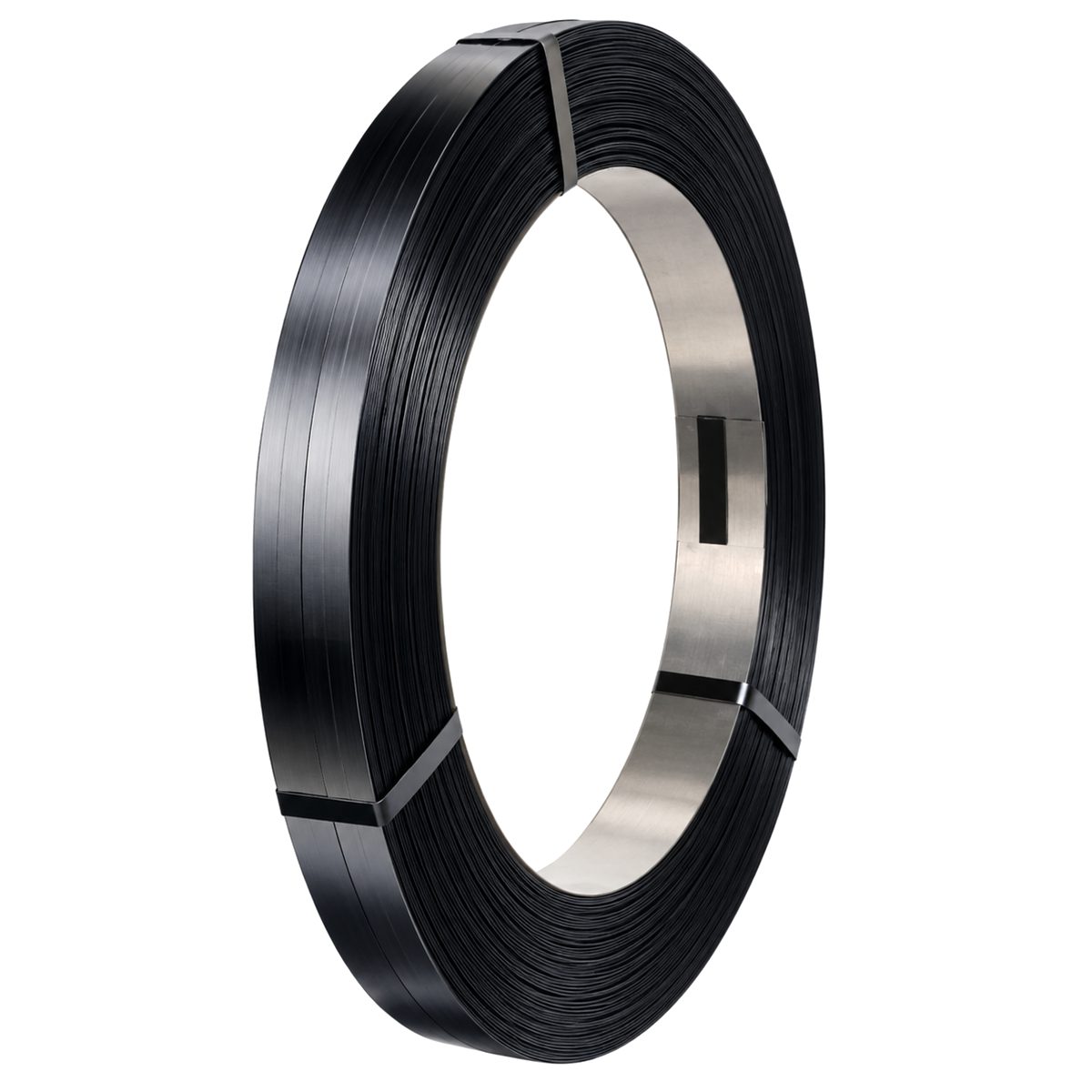 Coil of black steel strapping