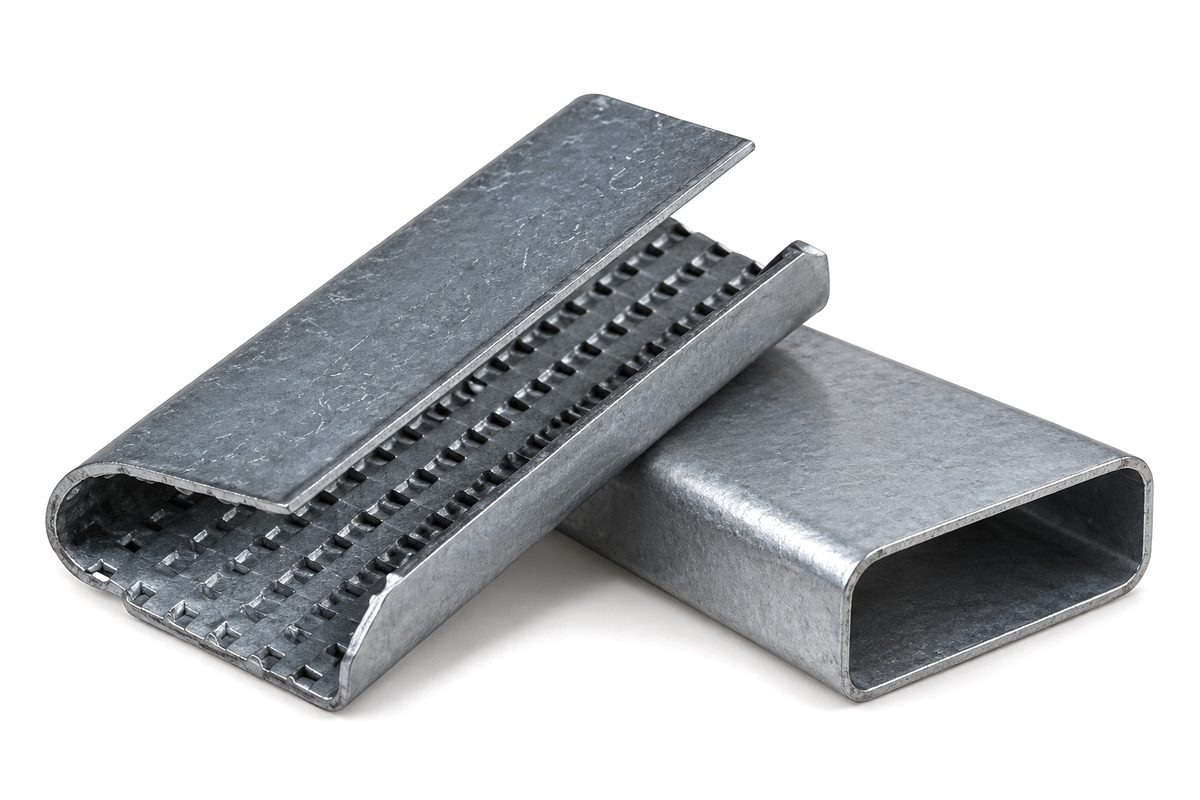 Two galvanized steel strapping seals, one open with serrated edges