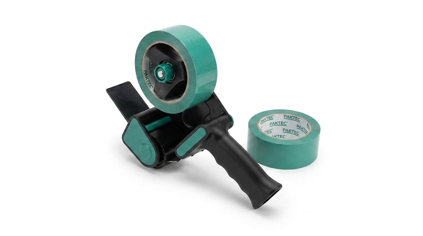 Paktec pistol-grip tape gun loaded with a roll of green carton sealing tape